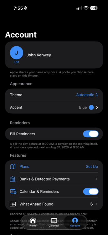 The Nornas account screen: profile, appearance, reminder settings and the optional connected features.
