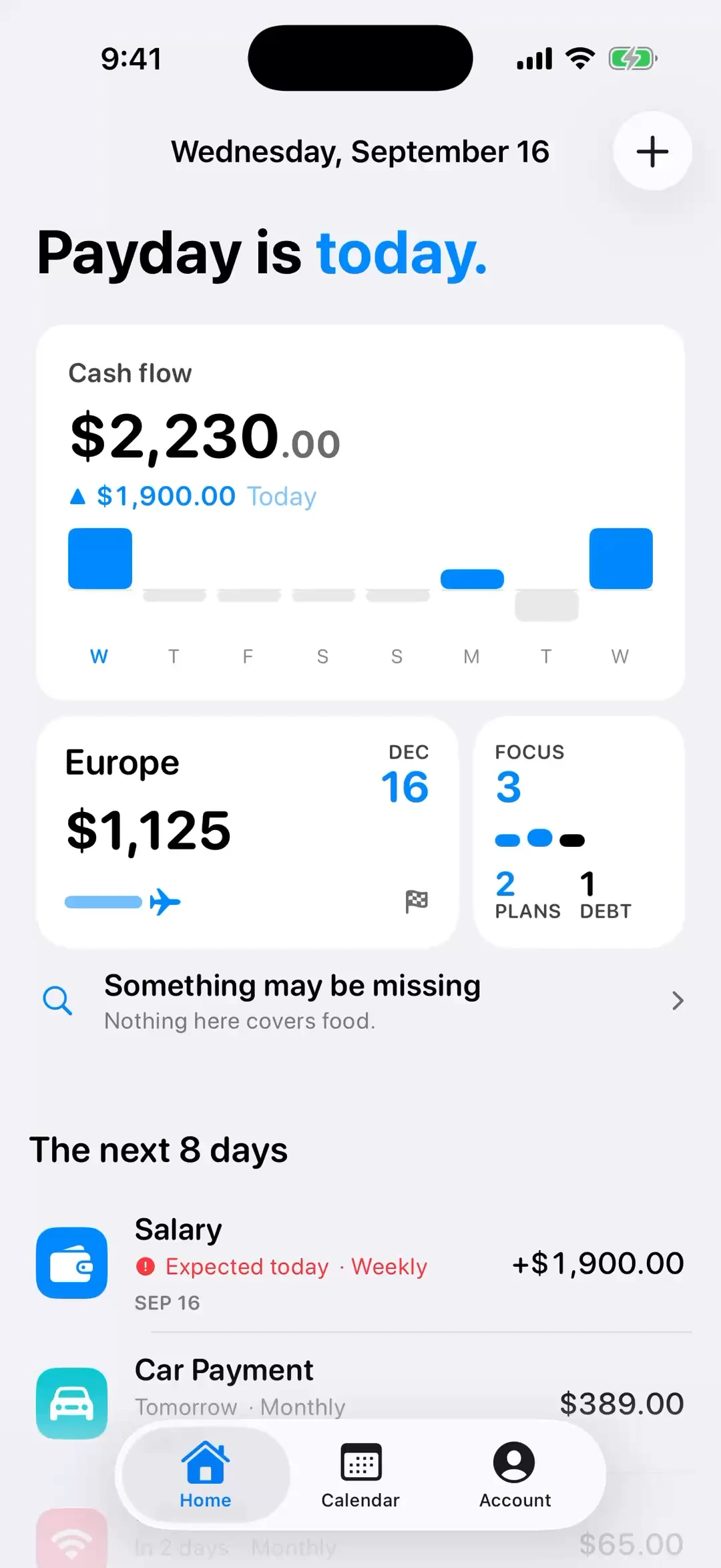 The Nornas home screen: payday is today, a cash flow card reading three thousand two hundred and forty nine dollars, a plan card for a trip to Disneyworld with one thousand dollars in it, and a square counting two plans and one debt.