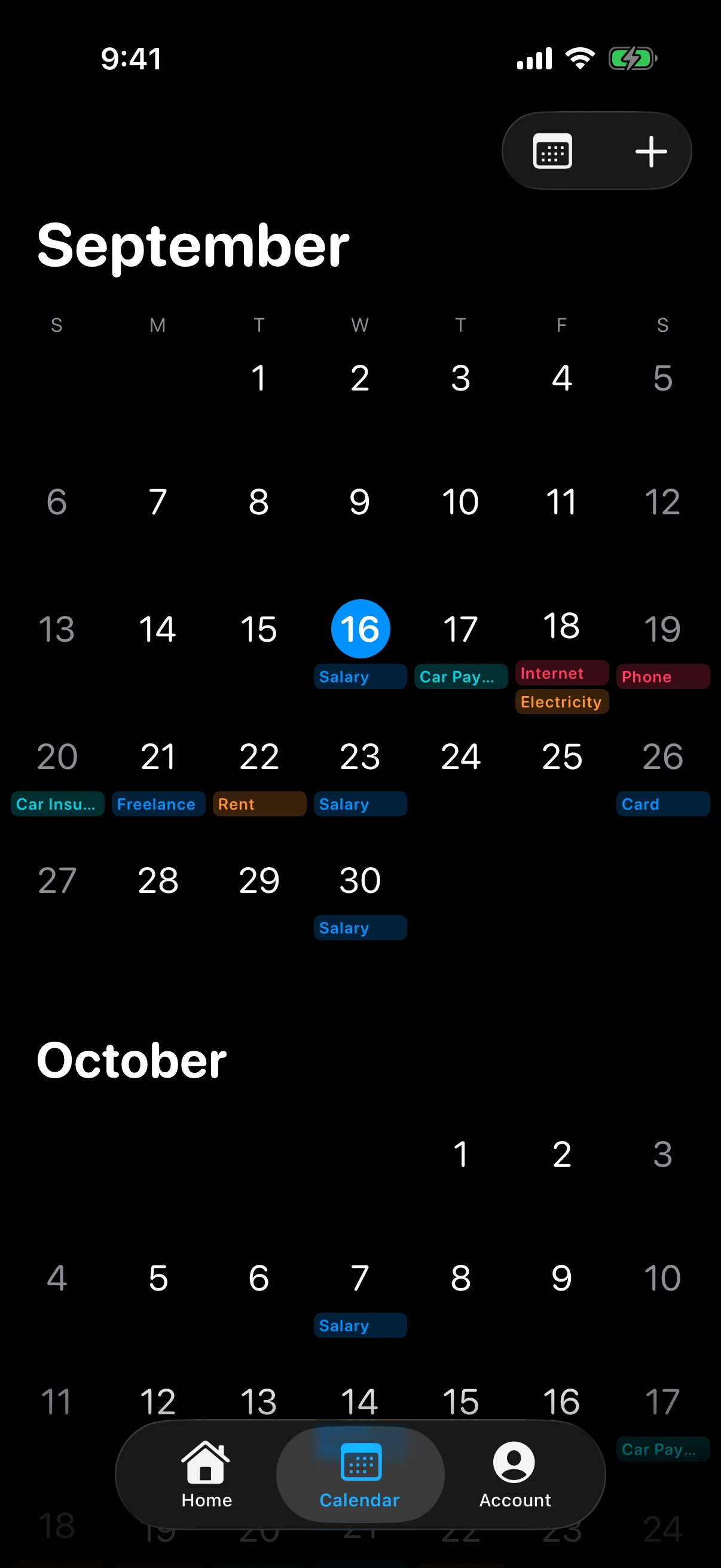 September and October in Nornas, one after the other: Salary on the sixteenth and every week after, then Car Payment, Internet, Electricity, Phone, Car Insurance, Freelance, Rent and Card across the month, each named in the day's square and in its own colour.