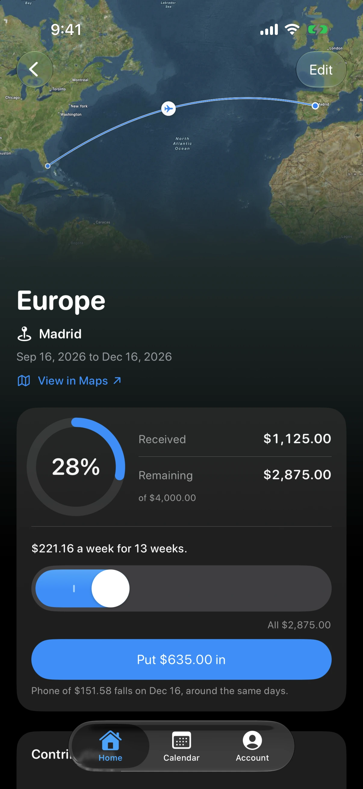 A plan for a trip to Europe: a map with the flight to Madrid, a ring at twenty eight per cent, one thousand one hundred and twenty five dollars received of four thousand, and two hundred and twenty one dollars sixteen a week for thirteen weeks.