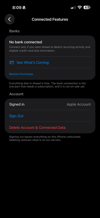 The Nornas connected features screen: no bank connected, what connecting one is for, and how to sign out or delete the account and connected data.