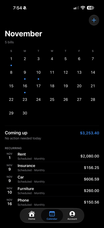The Nornas calendar: a month with a dot on every day carrying a bill, and those bills listed below.