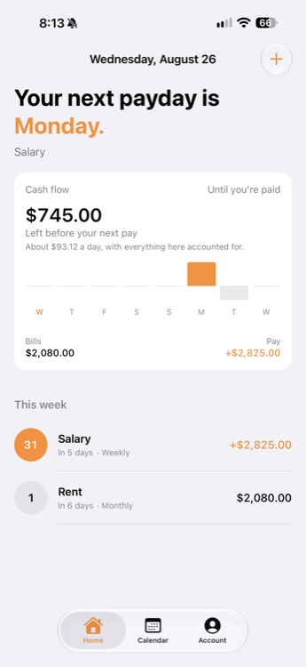 The Nornas home screen: the next payday, the money left before it, and the bills and paydays due this week.
